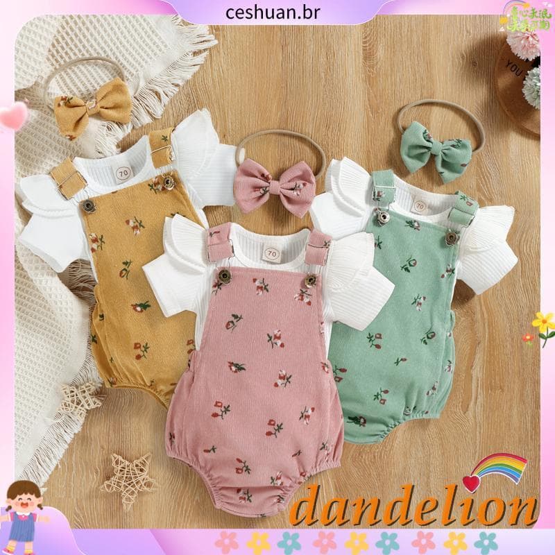 Conjunto De Roupas Para Bebês Meninas De 0 A 18 Meses : Cesta De Manga Curta , Macacão , Faixa De Cabeça Com B ow