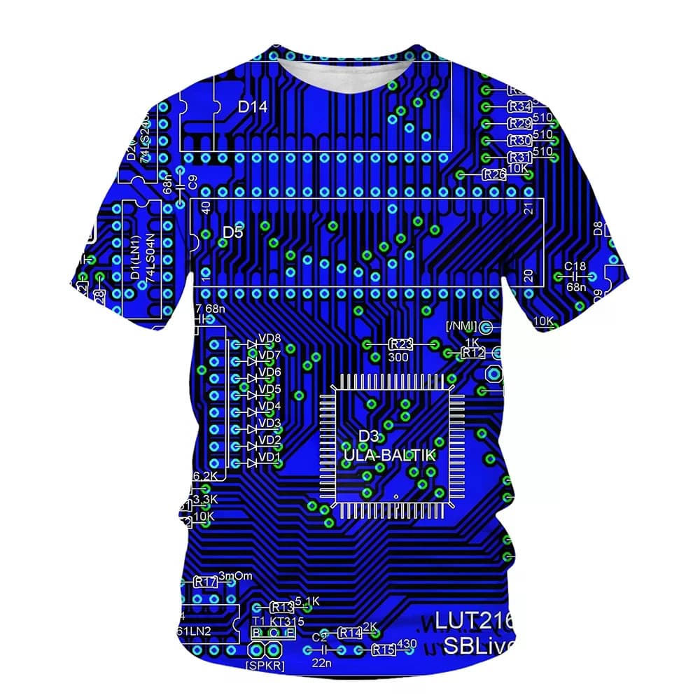 Moda Masculina plus Size Camiseta Casual Legal Em Torno Do Pescoço Manga Curta Design De Chip Eletrônico Topo Confortáve