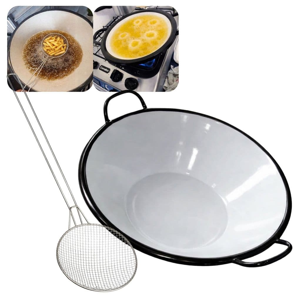 Kit Tacho Esmaltado E Escumadeira Aramada Fritura Pastel Antiaderente Alumínio Panela Peneira