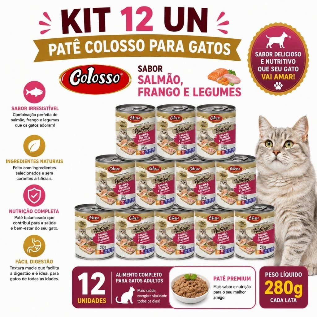 Kit 12 Un - Patê Colosso para Gatos Salmão, Frango e Legumes 280g