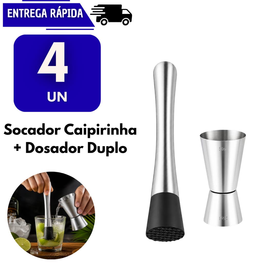 Kit Drink 4 Socador E 4 Dosador Duplo 25/50ml Em Aço Inox Caipirinha Dose Coquetel Bar Restaurante Bebidas Bebida Barman