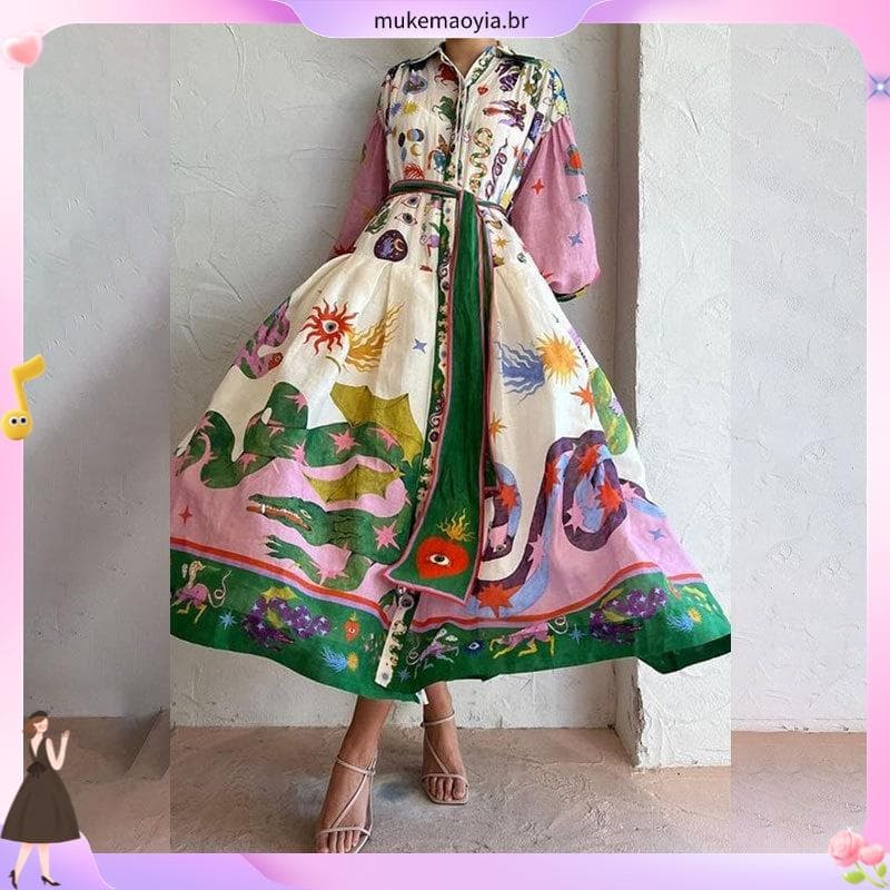 Vestido De Manga Comprida Com Lapela , Estampado , Detalhe De Gravata , Estampa Étnica Elegante , Adequado Para Escritór