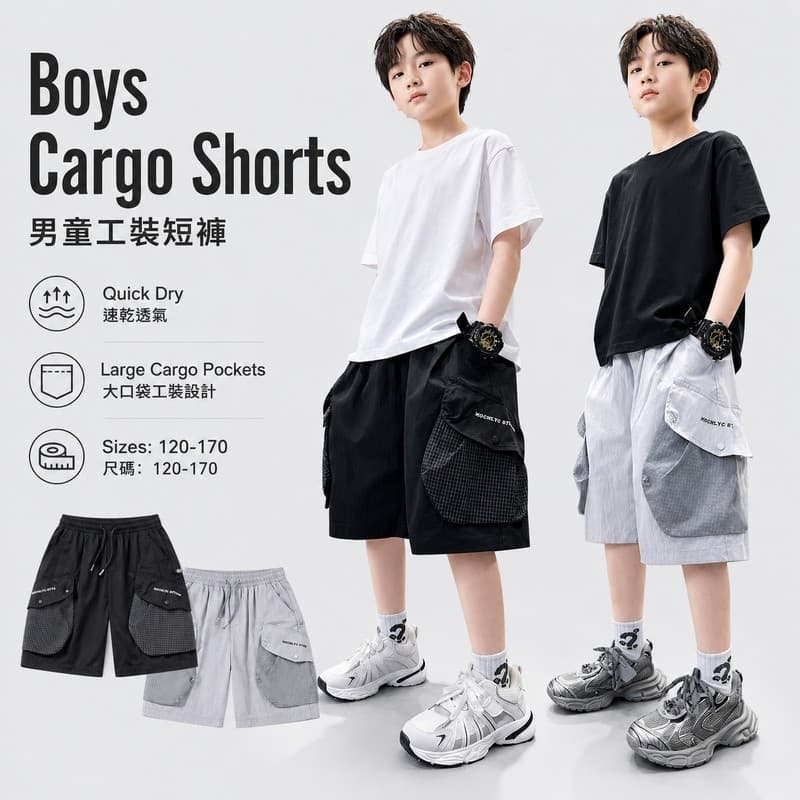 Calças infantis, shorts para meninos, calças curtas folgadas para crianças mais velhas, shorts casuais soltos com bolsos