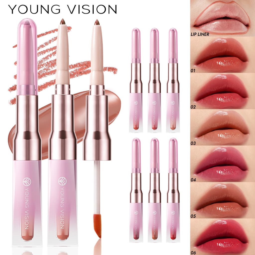 Delineador labial de duas cabeças 2 em 1 brilho labial + delineador labial espelho multiuso contorno formato labial hidr