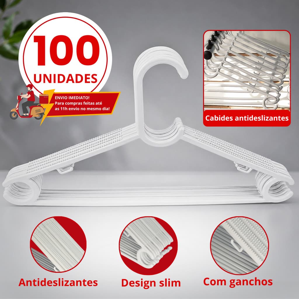 100 Cabides Premium Branco Antideslizante Com Cava Resistetes Organizador Atacado