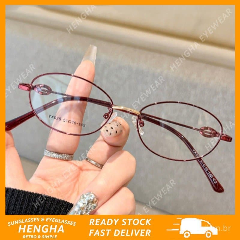(HENGHA) Óculos de Sol Femininos Retro Vermelhos de Metal Oval Cat Eye Fashion TR90 Anti Luz Azul