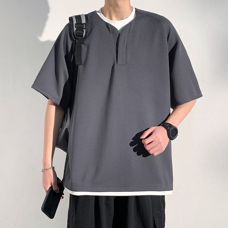 Camiseta de manga curta masculina verão pesado Waffle falso de duas peças High-End meia manga juventude meia manga pesad