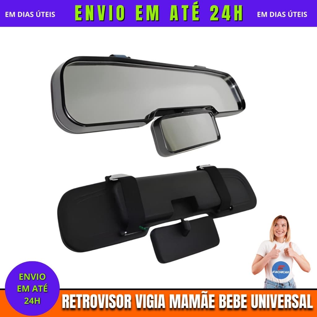 Espelho Retrovisor Interno Ajustável Vigia Mamãe Bebê Universal Carro 2 Em 1 Com Vigia