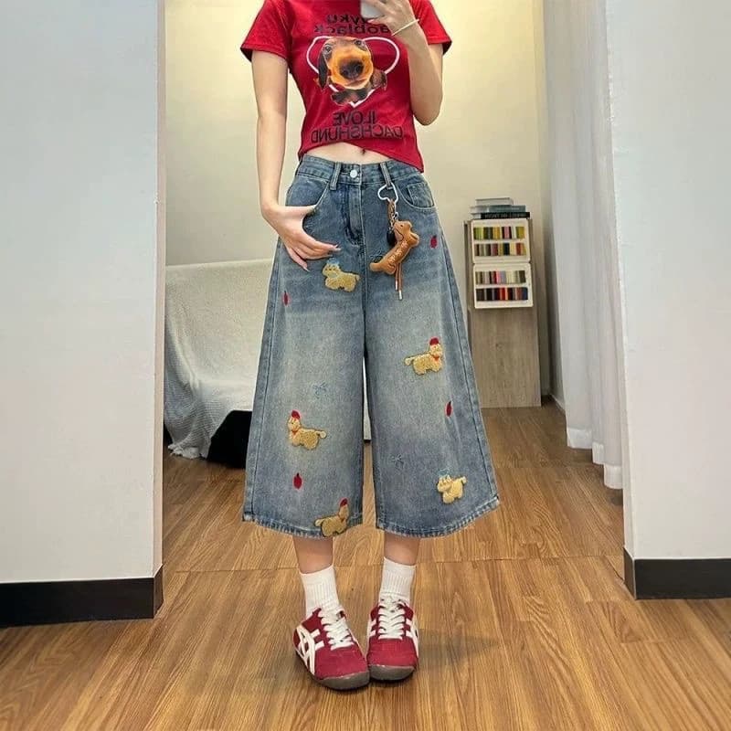 Filhote de cachorro dos desenhos animados bordado cortado Jeans feminino verão reto solto cortado largo-Le
