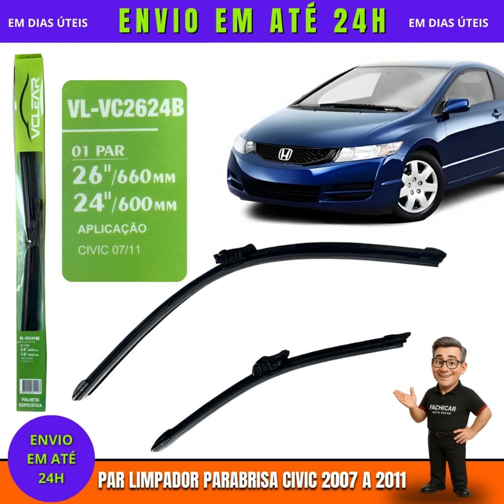 Par Palheta limpador Parabrisa Honda Civic 2007 a 2011