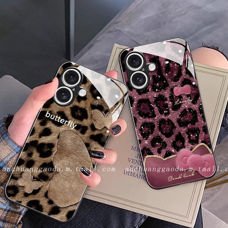 Arco de impressão de leopardo de luxo leve adequado para Apple iPhone17 caso de telefone Metal laca vidro 13 Premium 15