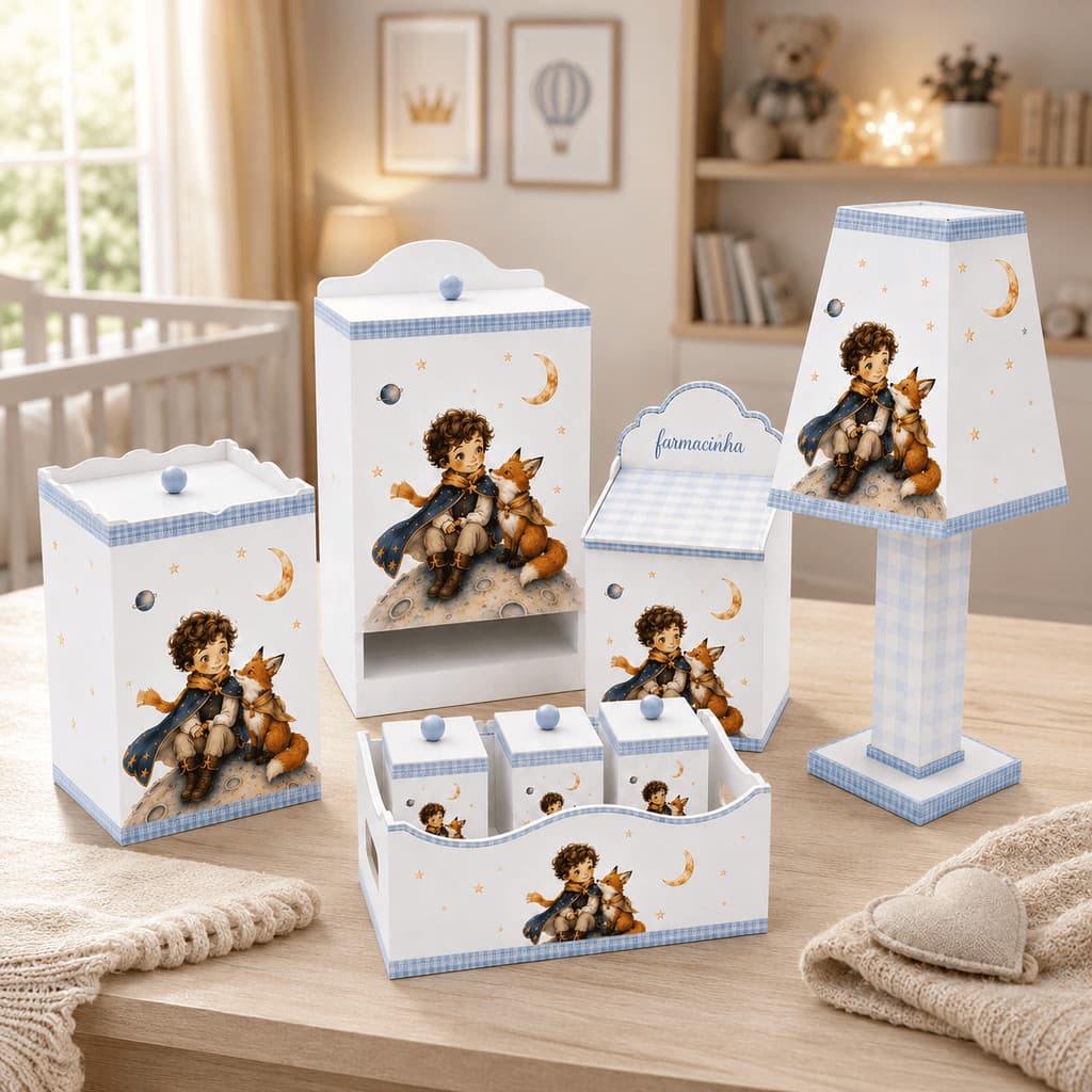 Kit Higiene Bebê Pequeno Príncipe 8 Peças em MDF com Abajur, Farmacinha, Lixeira e Porta Fraldas