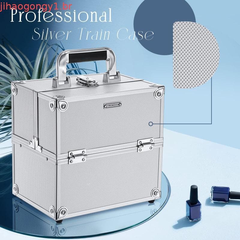 FRENESSA Makeup Train Case Makeup Organizer Box Portable Cosmetic Travel Case with Lock 4 Trays Aluminum Hard Vanity Box