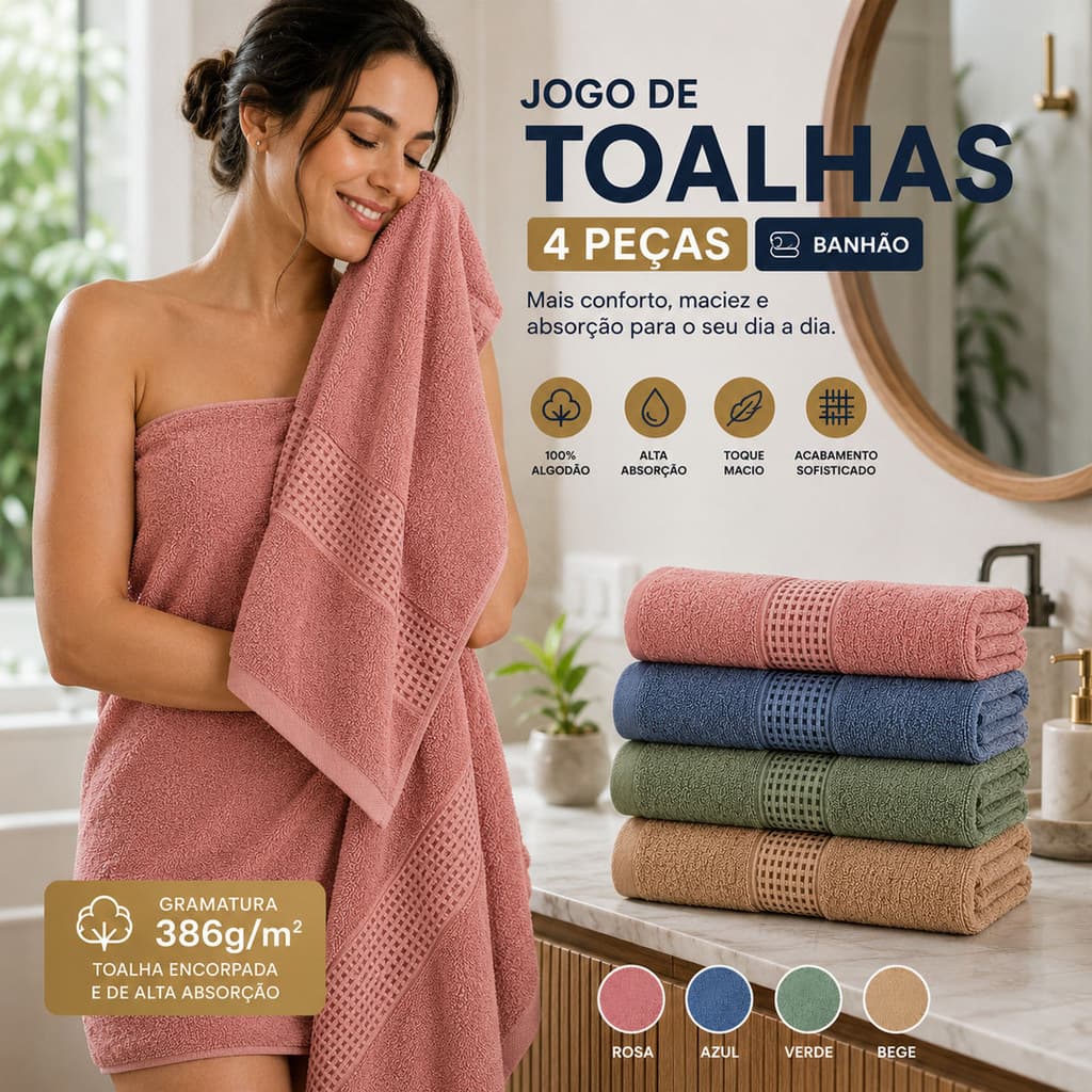 Kit Jogo De Toalhas Banhão Corttex  Grossa 4 peças 386g/m2 Algodão Super Absorvente