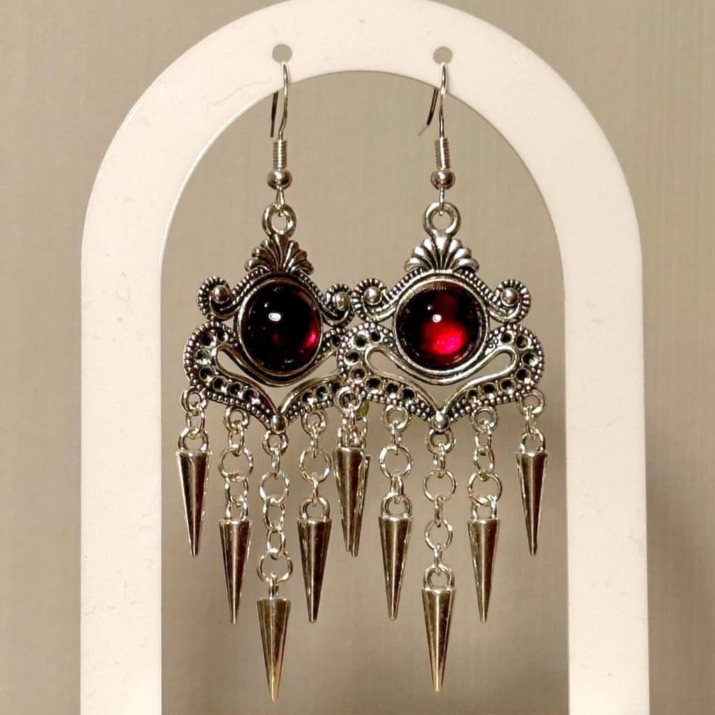 Brincos de seda com flor pontiaguda prateada estilo gótico vampiro vermelho brincos exclusivos de prata