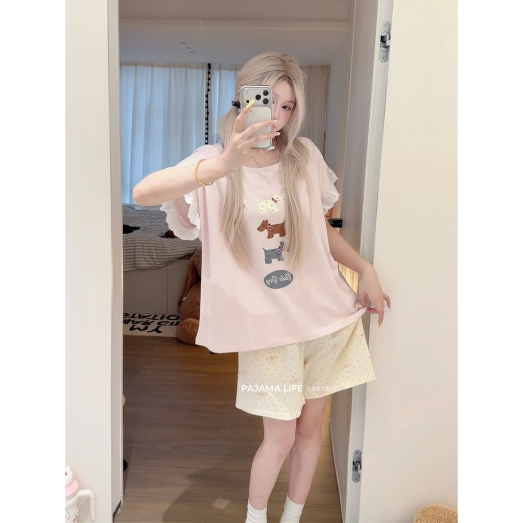Pijama de cachorro de desenho animado feminino verão algodão puro Shorts de manga curta solto Casual renda Loungewear te