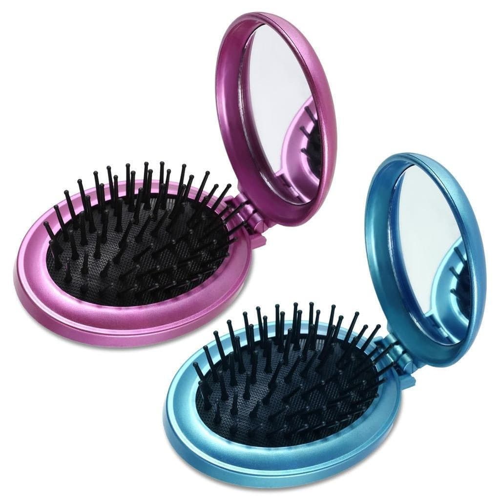 Conjunto de 2 escovas de cabelo redondas com espelhos, mini escovas de cabelo dobráveis com espelhos, escovas de cabelo