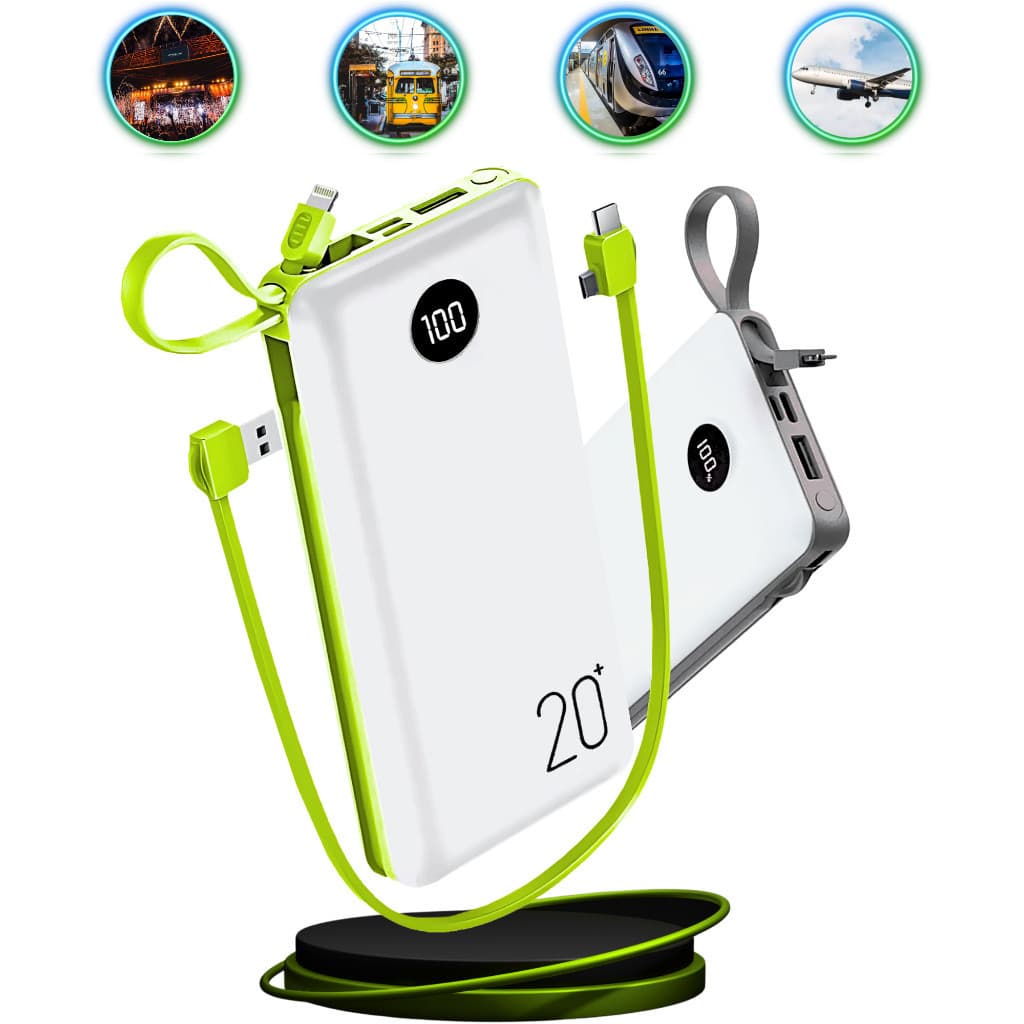 Power Bank Carregador Portátil 20.000 Mah para Celular Universal Com Display de Bateria, Cabo c/ ponta Lightning e Usb C