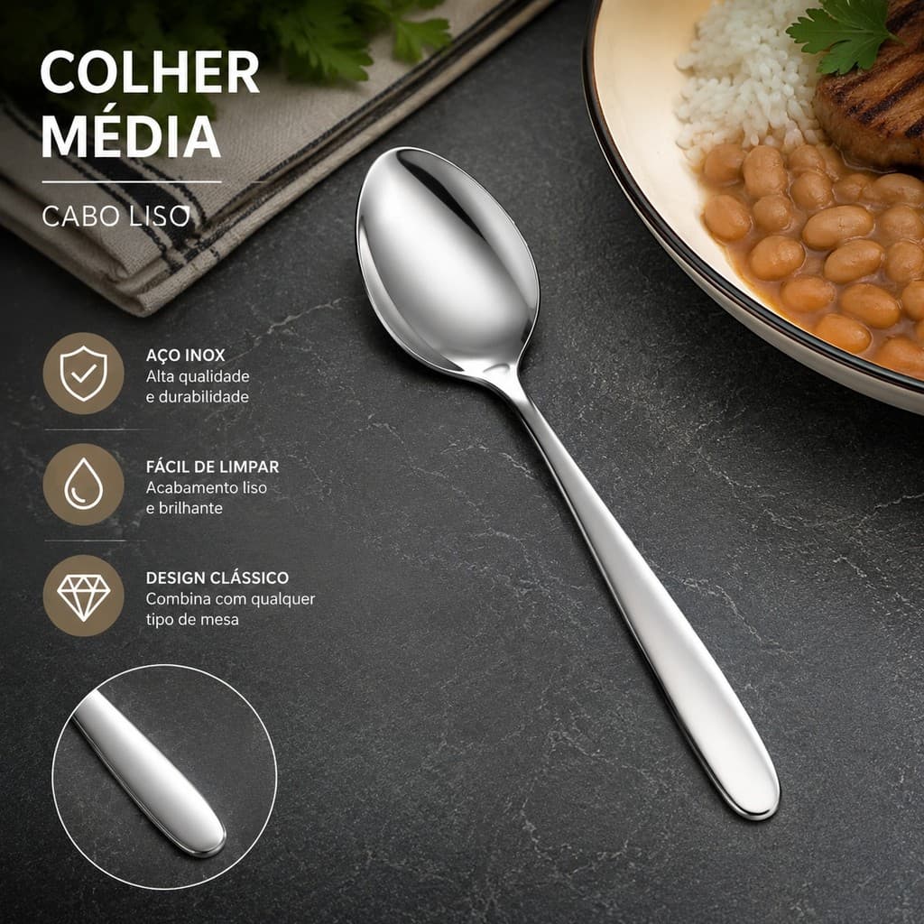 6 Pcs Colher Média com Cabo Liso Durável Sem Deformação Limpo Rapidamente Confortável ao Manusear