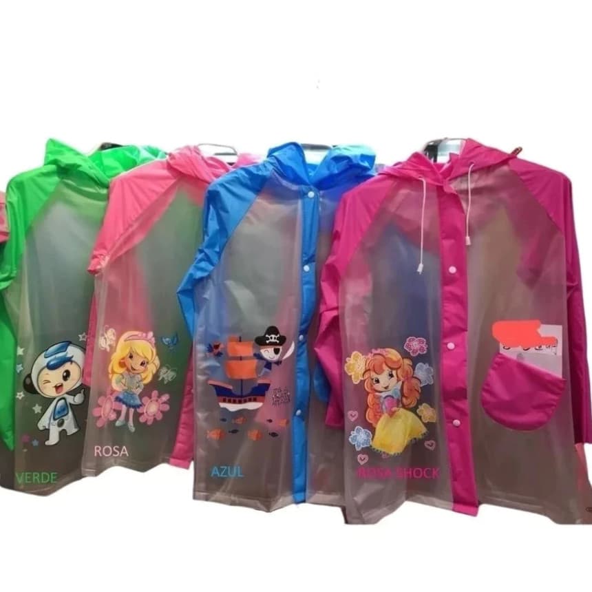 Capa de Chuva Infantil Reforçada PVC Impermeável Escolar com Capuz e Bolso Tamanho 8