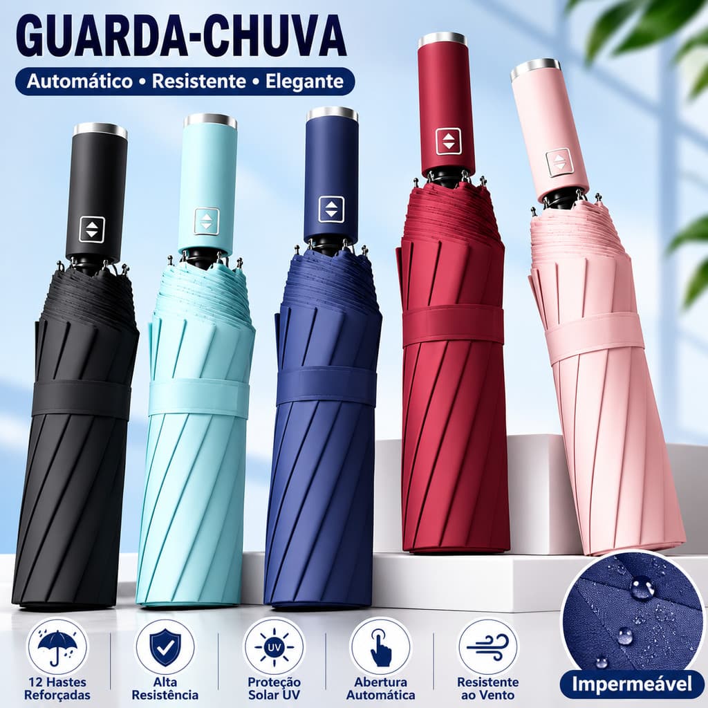 Guarda-Chuva Automático 12 Hastes Grande Dobrável Reforçado Proteção UV Solar Sombrinha Resistente ao Vento