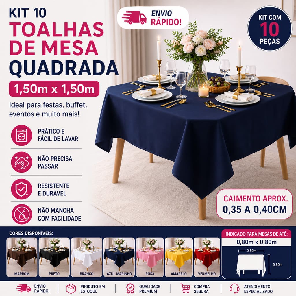 Kit 10 Toalhas de Mesa Oxford 1,50x1,50m lisa Decoração Festa e Eventos