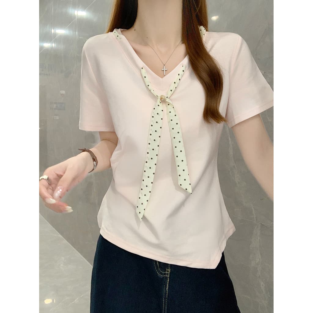 Água de algodão macio dupla face manga curta camiseta feminina verão novo estilo Design Polka Dot cachecol com decote em