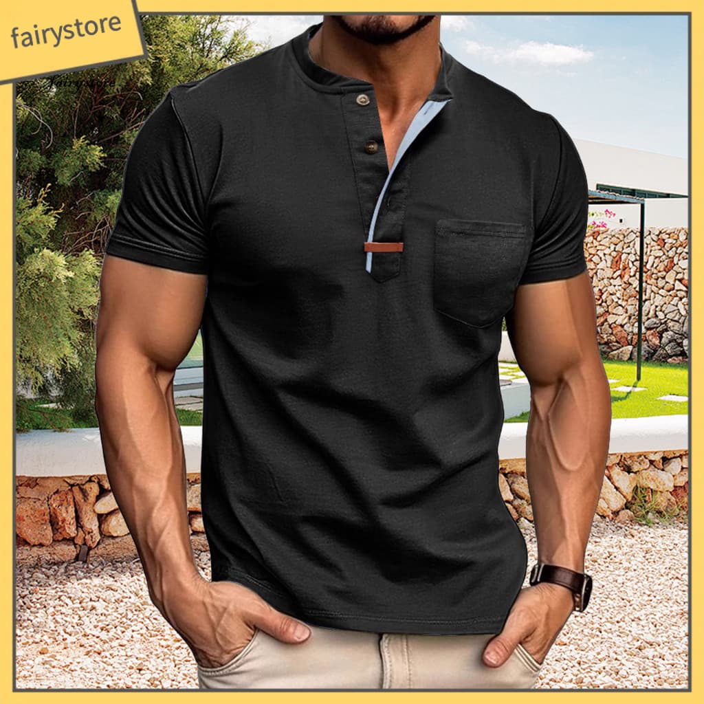Men Solid Color Top Round Neck Short Sleeve Shirt Men's Summer Casual with Chest Pocket Sleeves Buttoned Pullover Mid Le