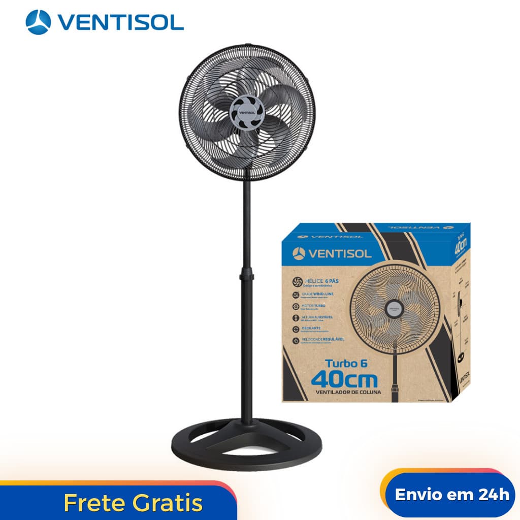 Ventilador de Pé Coluna Turbo Ventisol Preto 6P pás 40cm Premium 127v 220v Silencioso Economico