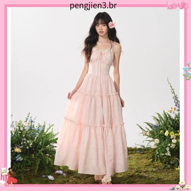 Flor de cerejeira rosa costura flor estilingue vestido francês sem mangas estilo férias doce idade-reduzindo A linha sai