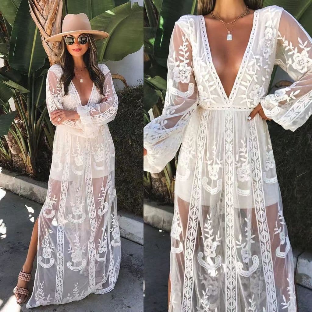 2022 novo estilo europeu americano feminino renda manga comprida com decote em V cor sólida Chiffon vestido de verão