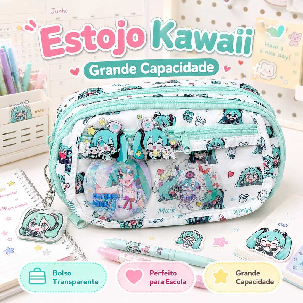 Estojo Kawaii Ita Bag Transparente Multi-camada Grande Capacidade Escolar Anime Fofo