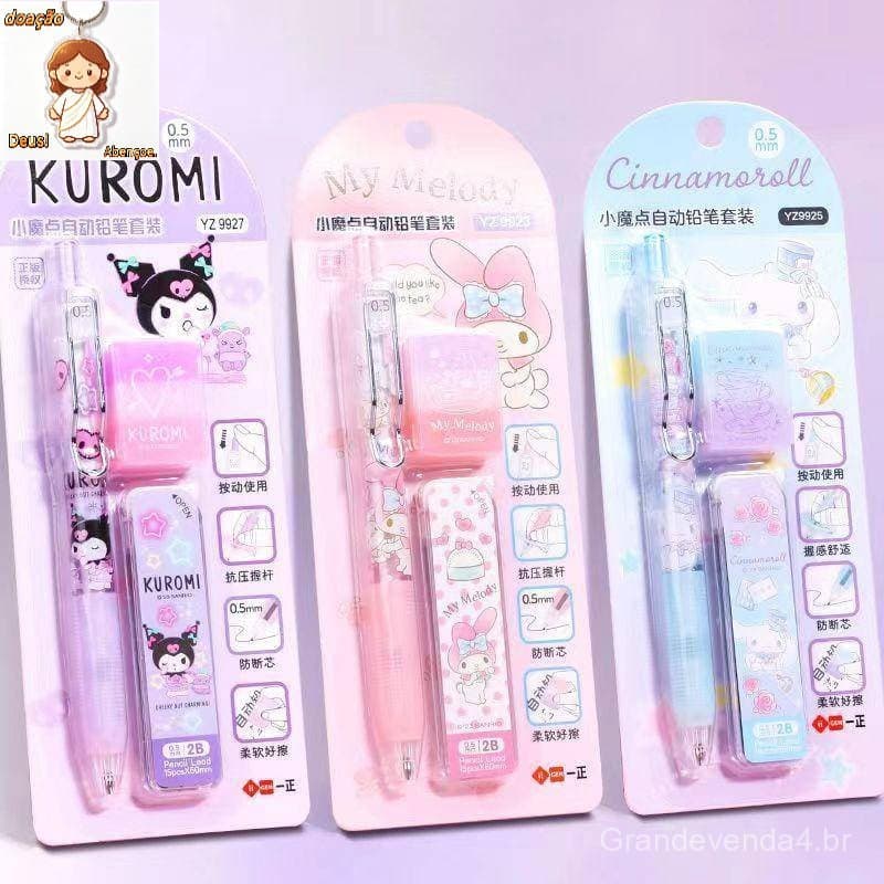 5 Estilos Kawaii Sanrio Mymelody Kuromi Cinnamoroll Pochacco Lápis Mecânicos Com Recargas De Borracha Conjunto De Automá