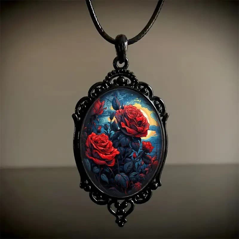 Um elegante e moderno pingente de vidro com moldura floral preta, um presente de joalheria romântico EPLZ.