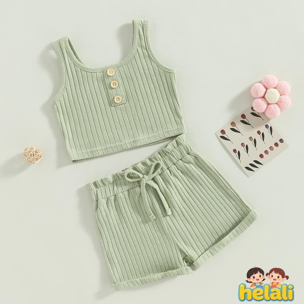 [helali] Conjuntos De Roupas Infantis De Verão Para Meninas , Colete Com Botões De Cor Sólida + Shorts Cordão Canelado
