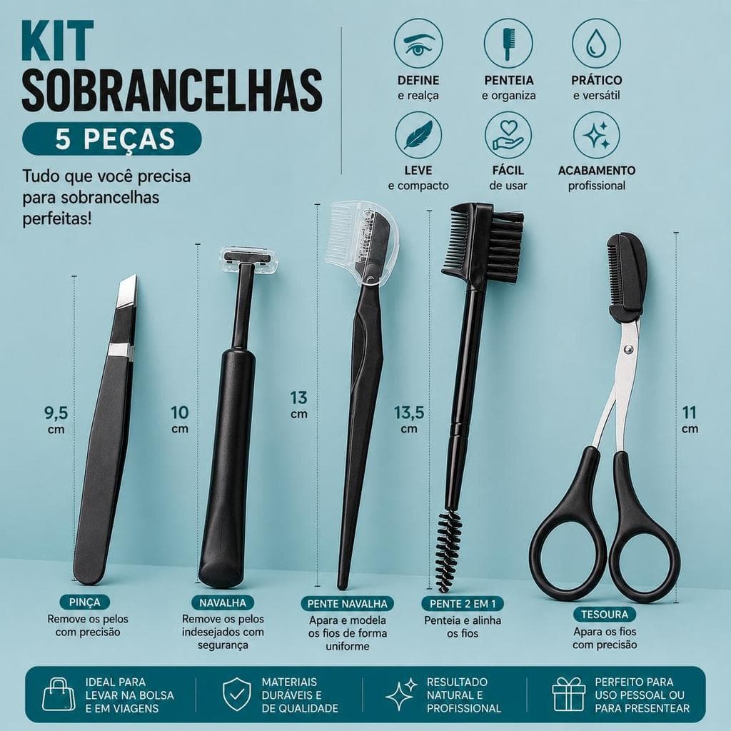 Kit Sobrancelha 5 Peças Profissional com Pinça Navalha Tesoura e Pente