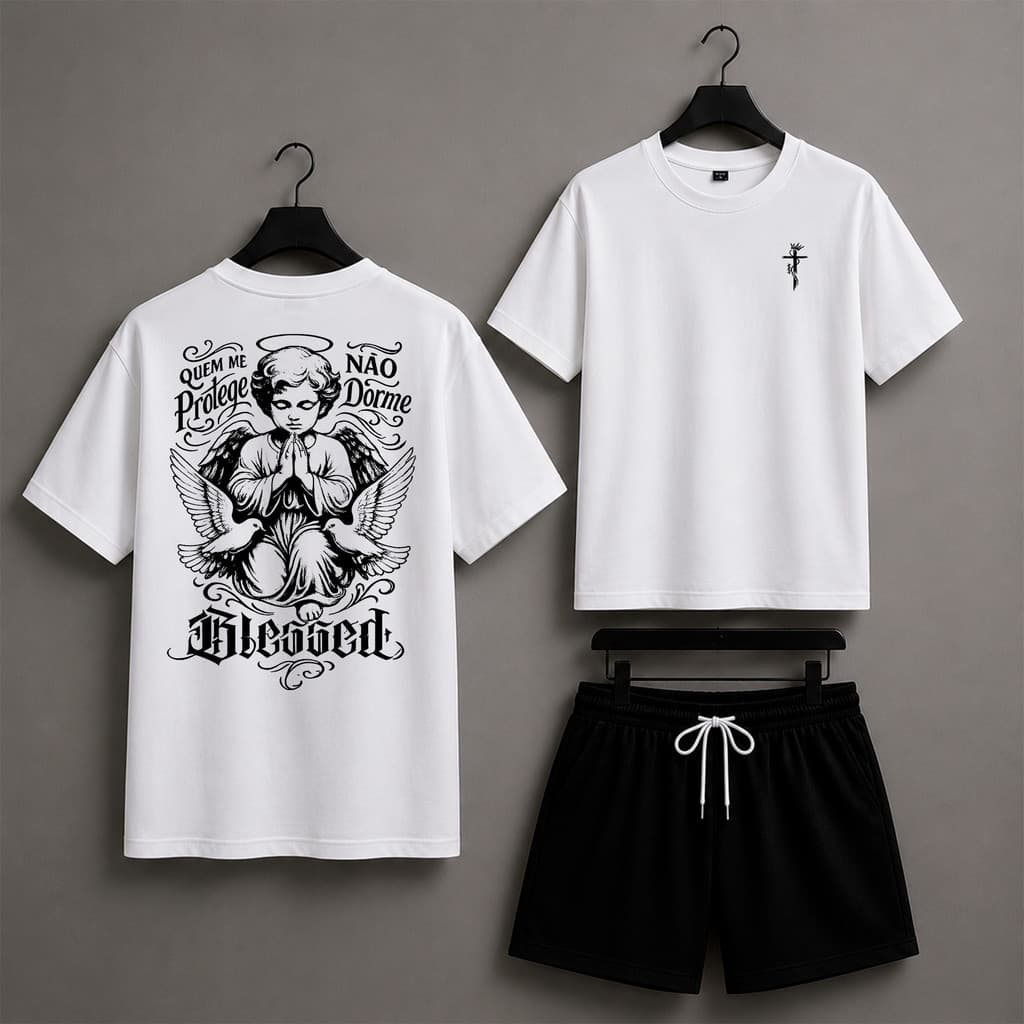 kit camiseta estampada masculina de algodão estampa grande e short tactel