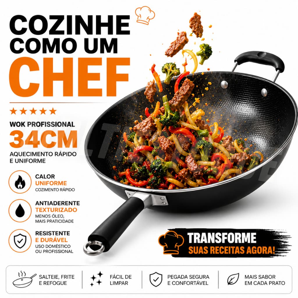 Frigideira Wok Profissional 34cm Antiaderente Preta Não Gruda