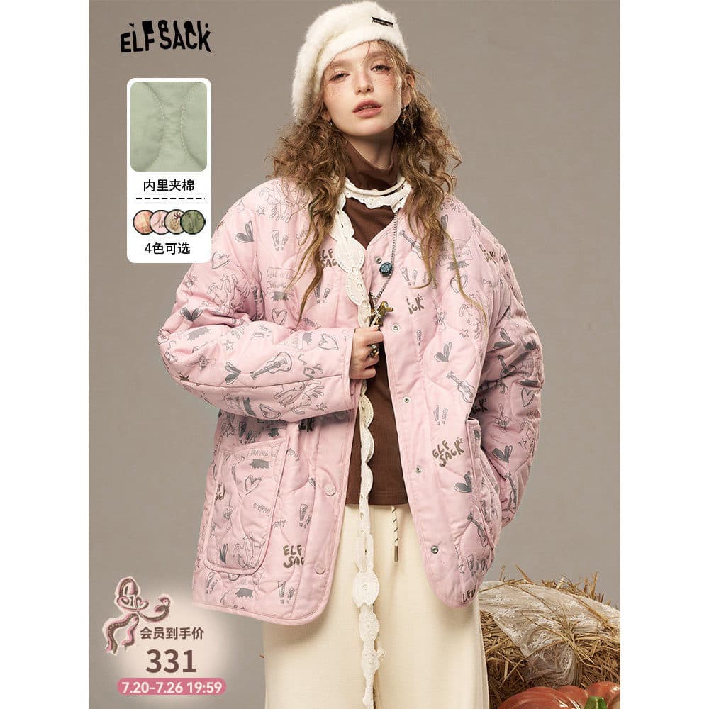 Bolso de fadas Original impressão completa leve algodão acolchoado jaqueta feminina 2026 outono inverno novo estilo preg