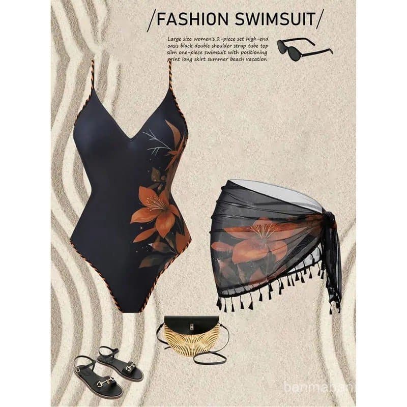 Maiô Vintage Preto com Estampa Floral para Mulheres, Conjunto com Saia de Franjas em Rede, Decote em V, Efeito Emagreced