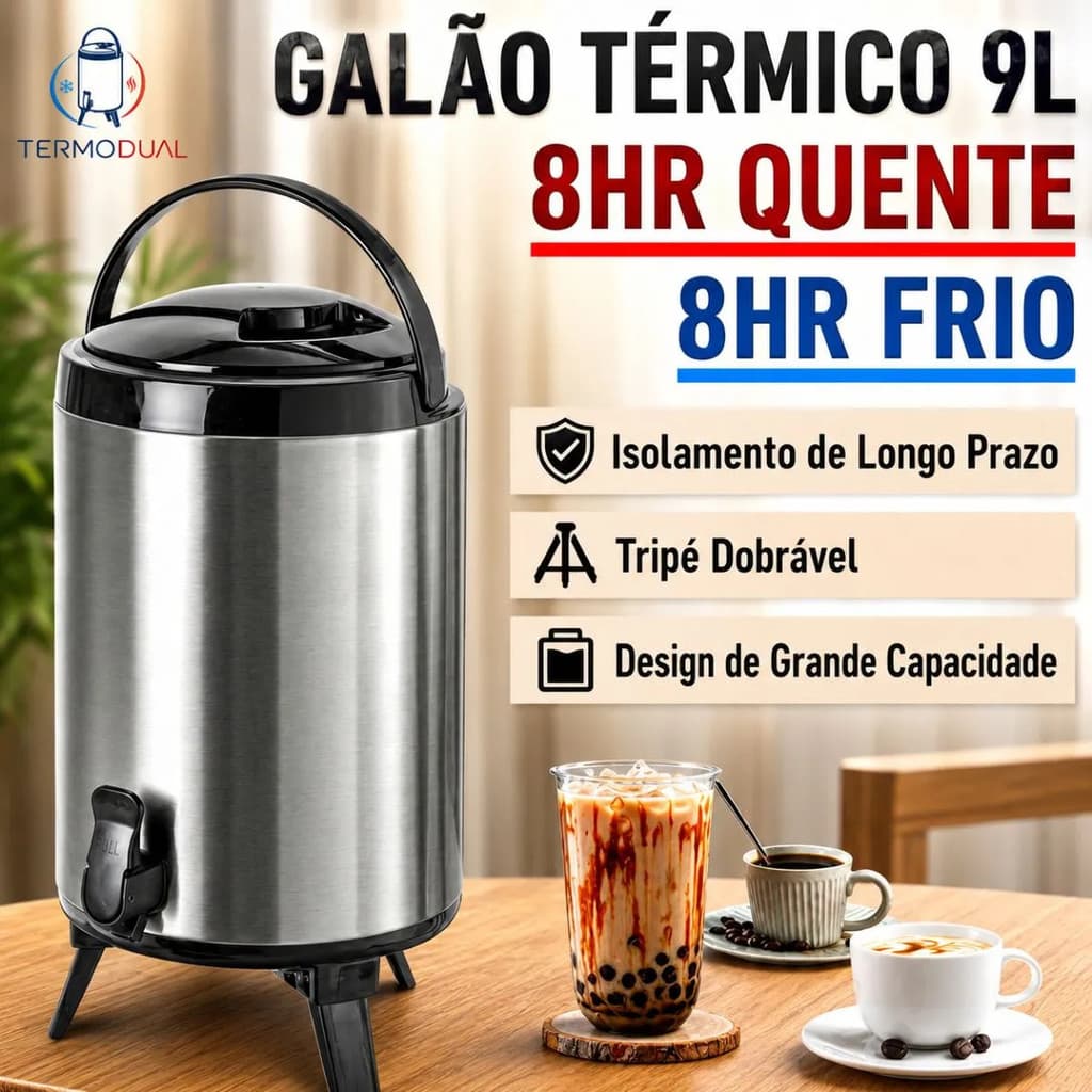 Galão Térmico 9500 ml Aço Inox com Torneira para Café Água Suco Quente e Frio