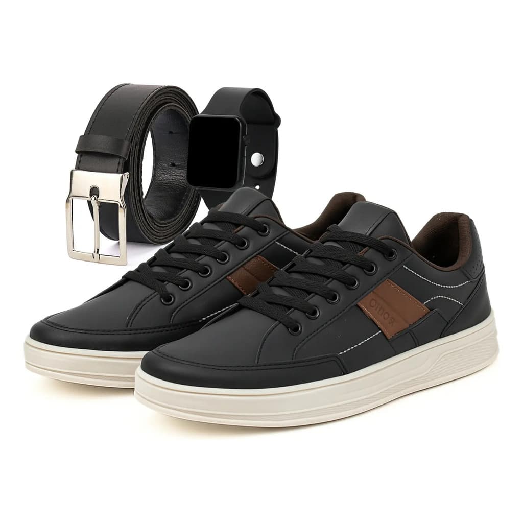 Sapatenis Couro Masculino Sapatofran + Cinto E Relógio Kit