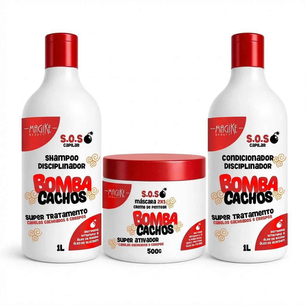 Kit Completo Bomba Cachos Shampoo 1 L Condicionador 1L Mascara 2x1  500 gr Magike Beauty Cachos Definidos