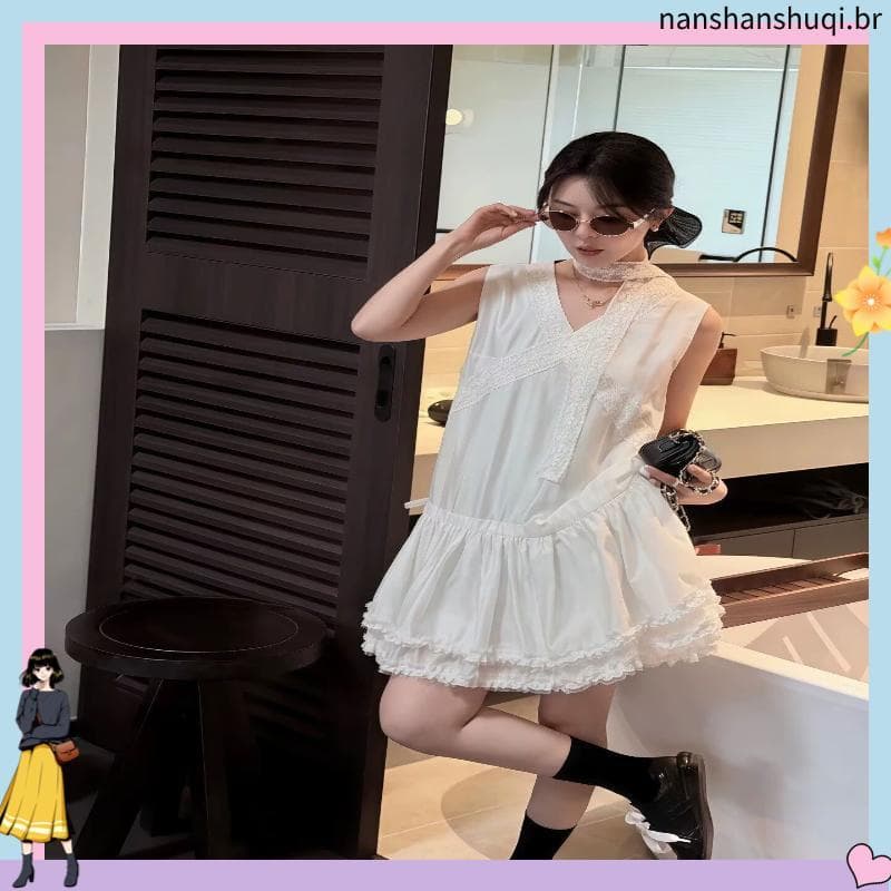 Estilo coreano renda crochê com decote em v colete vestido feminino 2026 primavera novo estilo solto Super bonito saia B