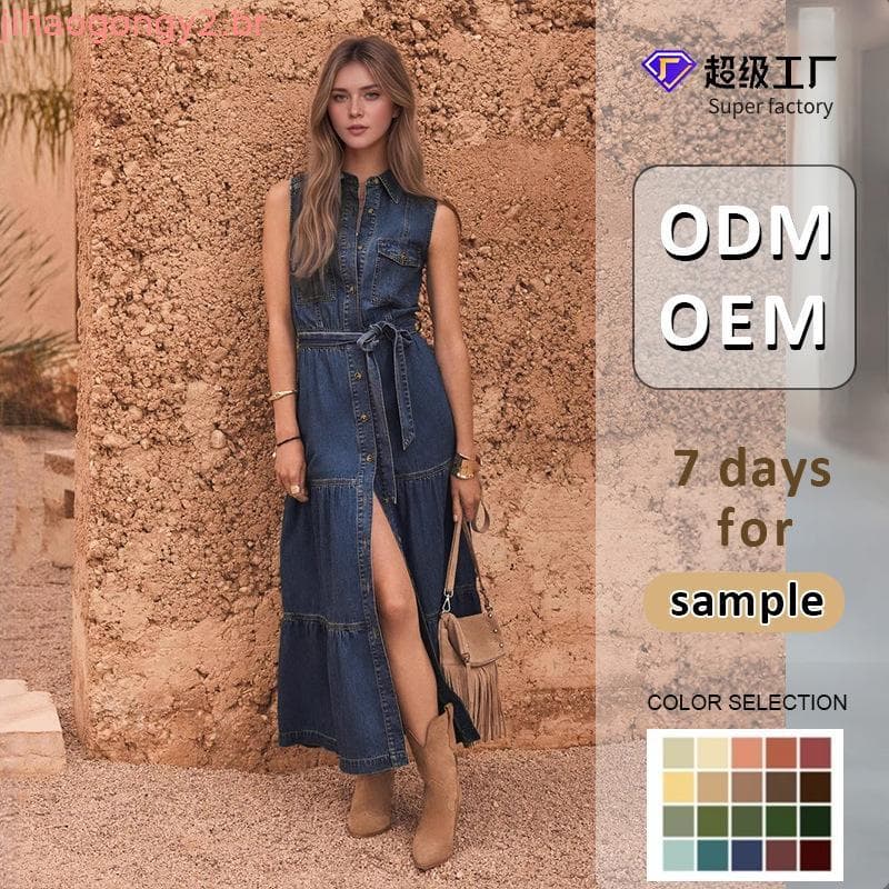 Vestido Jeans Longo Feminino Casual Verão – Sem Manga, Com Botões, Jeans Leve e Solto