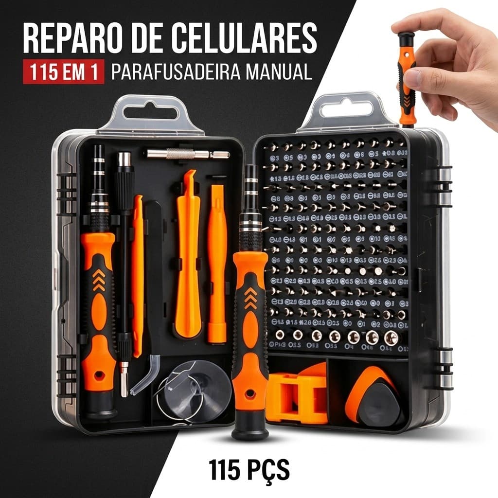 Kit de Chaves de Precisão 115 em 1 com Pontas Magnéticas | Jogo Completo para Reparo de Celular, Notebook Tablet Video