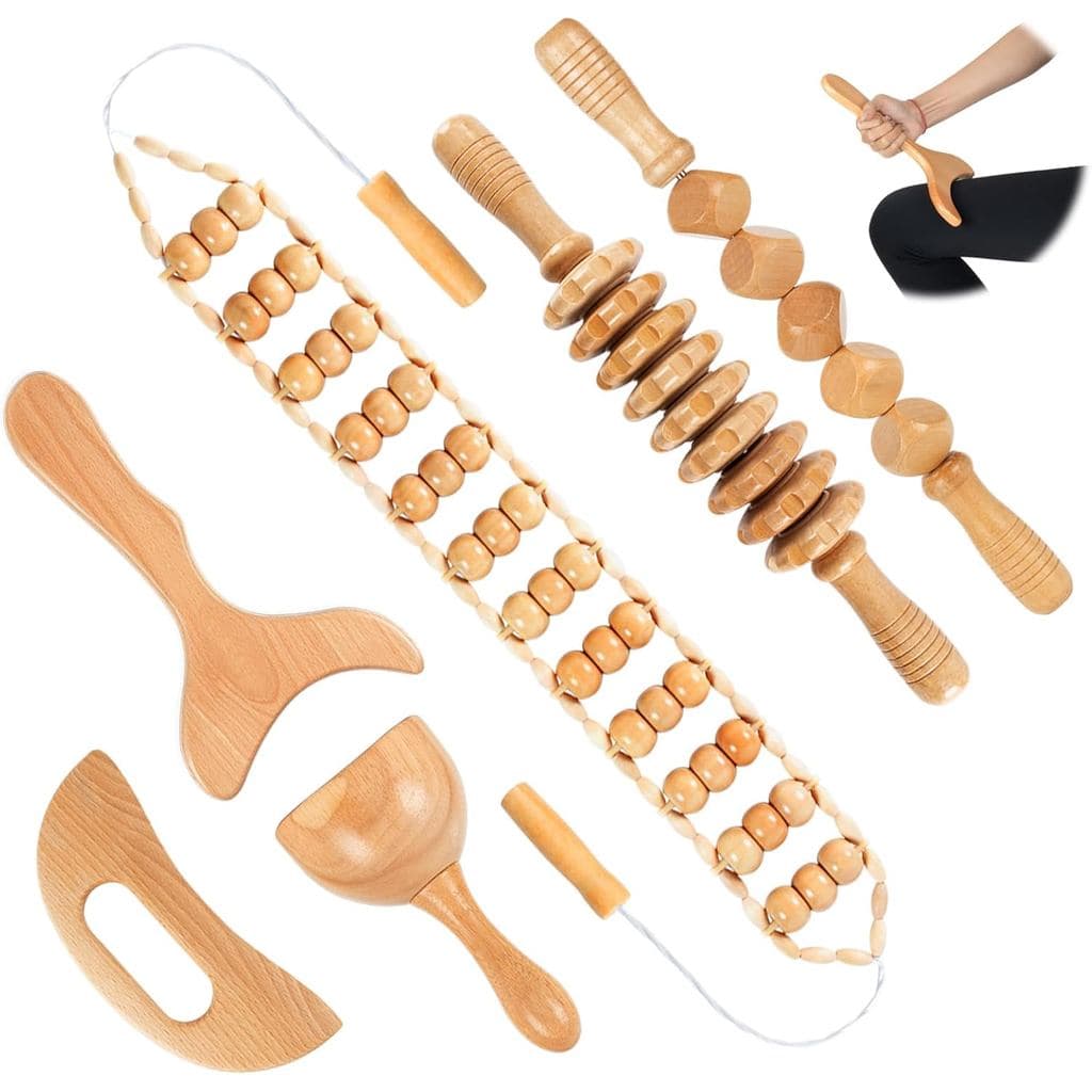 Ferramenta de Massagem para Terapia com Madeira KintKita 6 em 1, Massageador de Drenagem Linfática, Kit de Maderoterapia