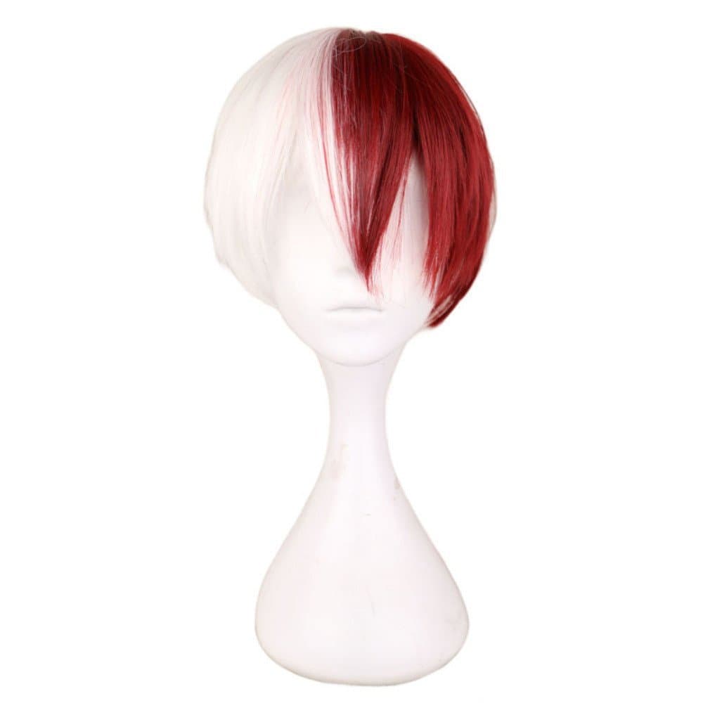 Peruca curta de anime em dois tons, vermelha e branca, peruca de cabelo curto meio vermelho e meio branco, para vendas i