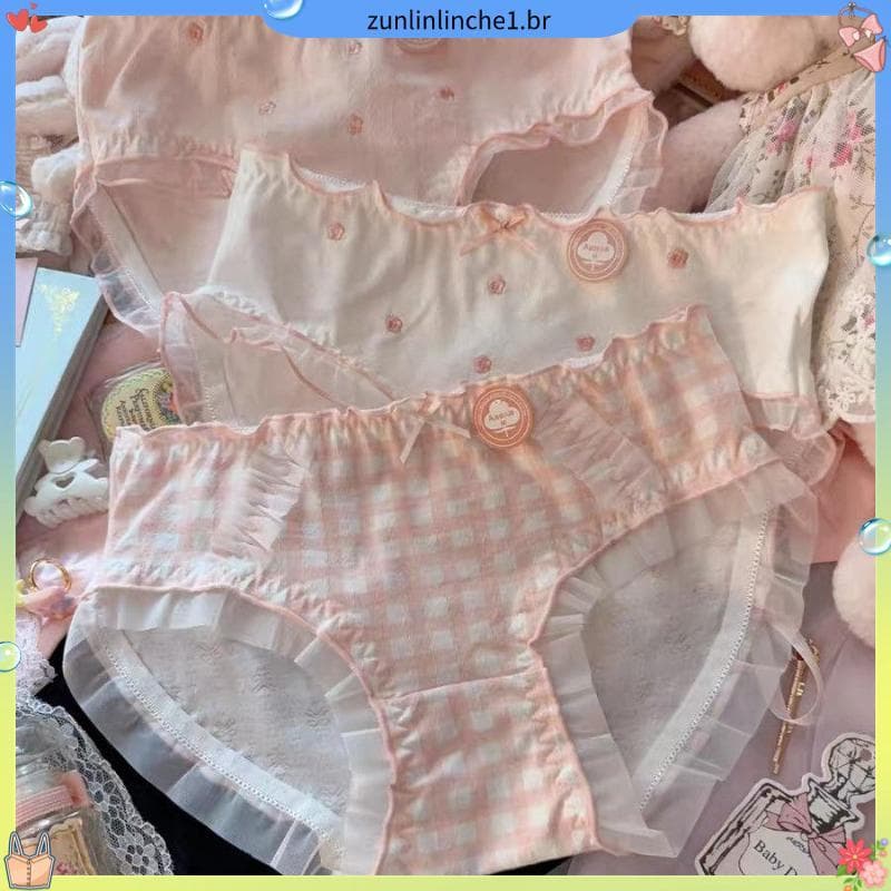 Japonês doce bonito rosa xadrez babados classe A calcinha de algodão do bebê feminino puro algodão antibacteriano menina