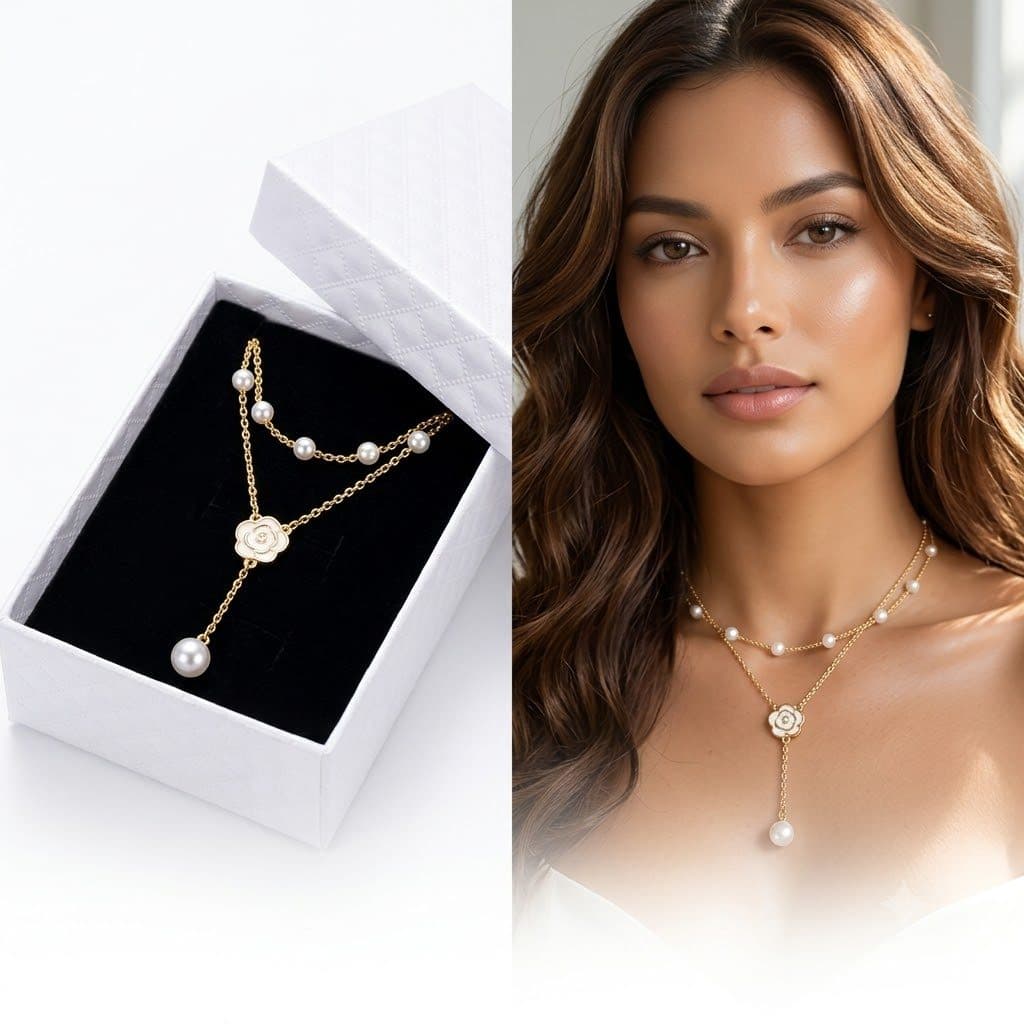 Colar Feminino Duplo Pingente Flor Perola Prata 925 de lei Banhado + Caixa para Presente Luxuosa Perfeito